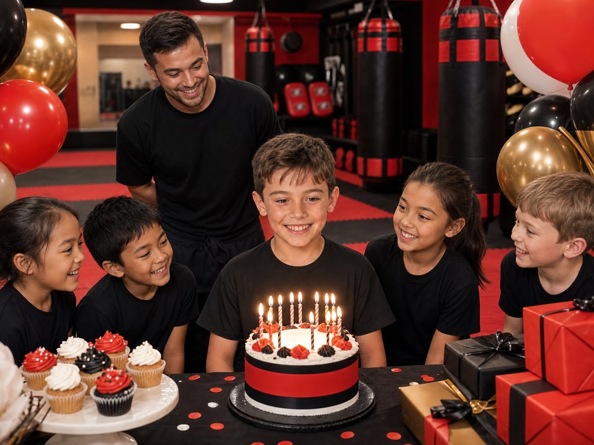 Birthday child with cake, candles and friends inside Martial Arts Centres of Excellence