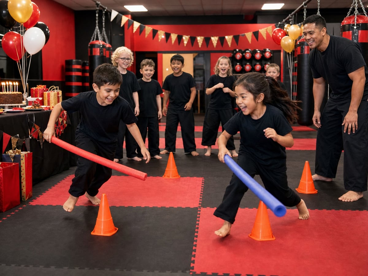 Children playing hosted birthday party games inside Martial Arts Centres of Excellence