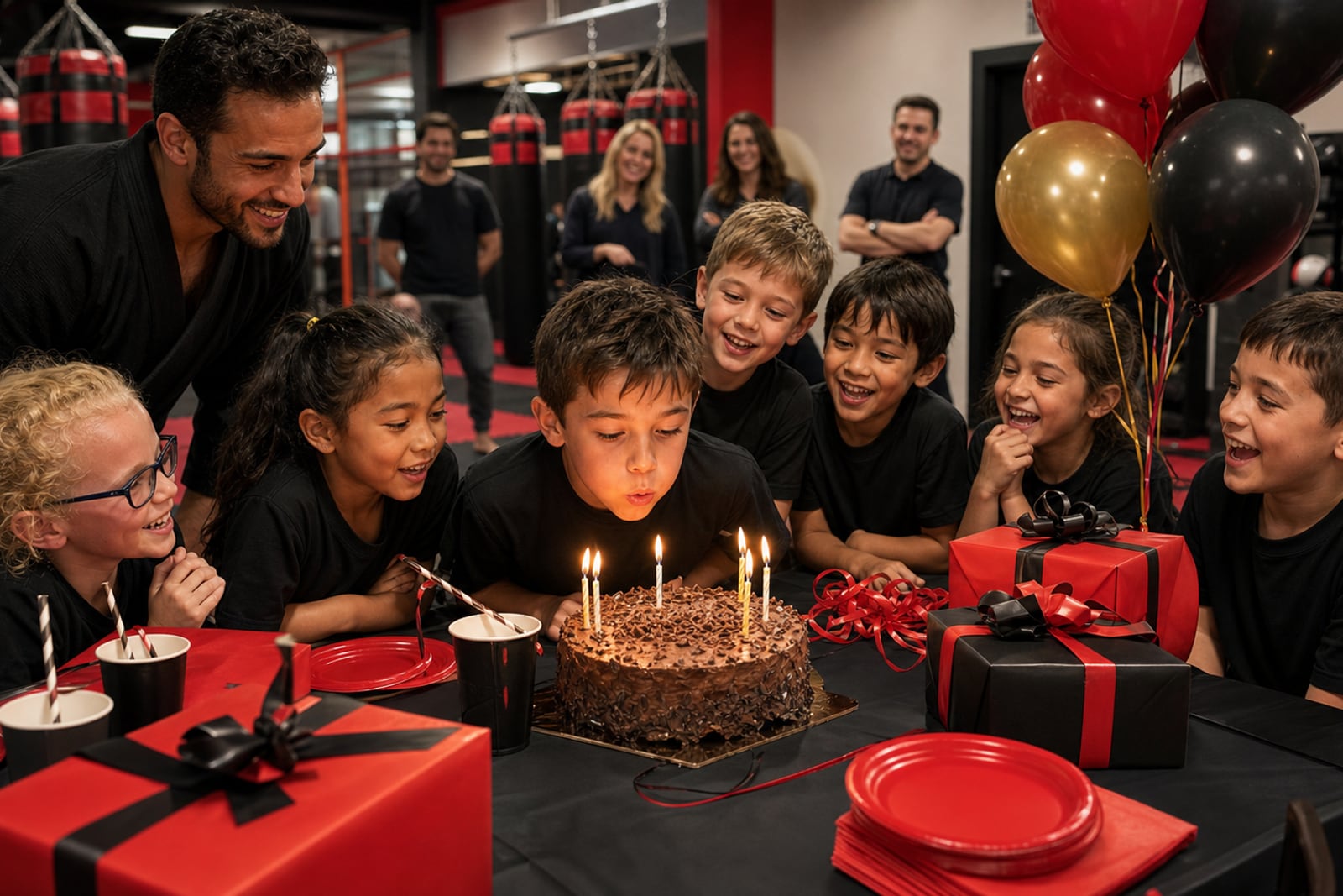 Children celebrating a birthday party with cake and balloons inside Martial Arts Centres of Excellence