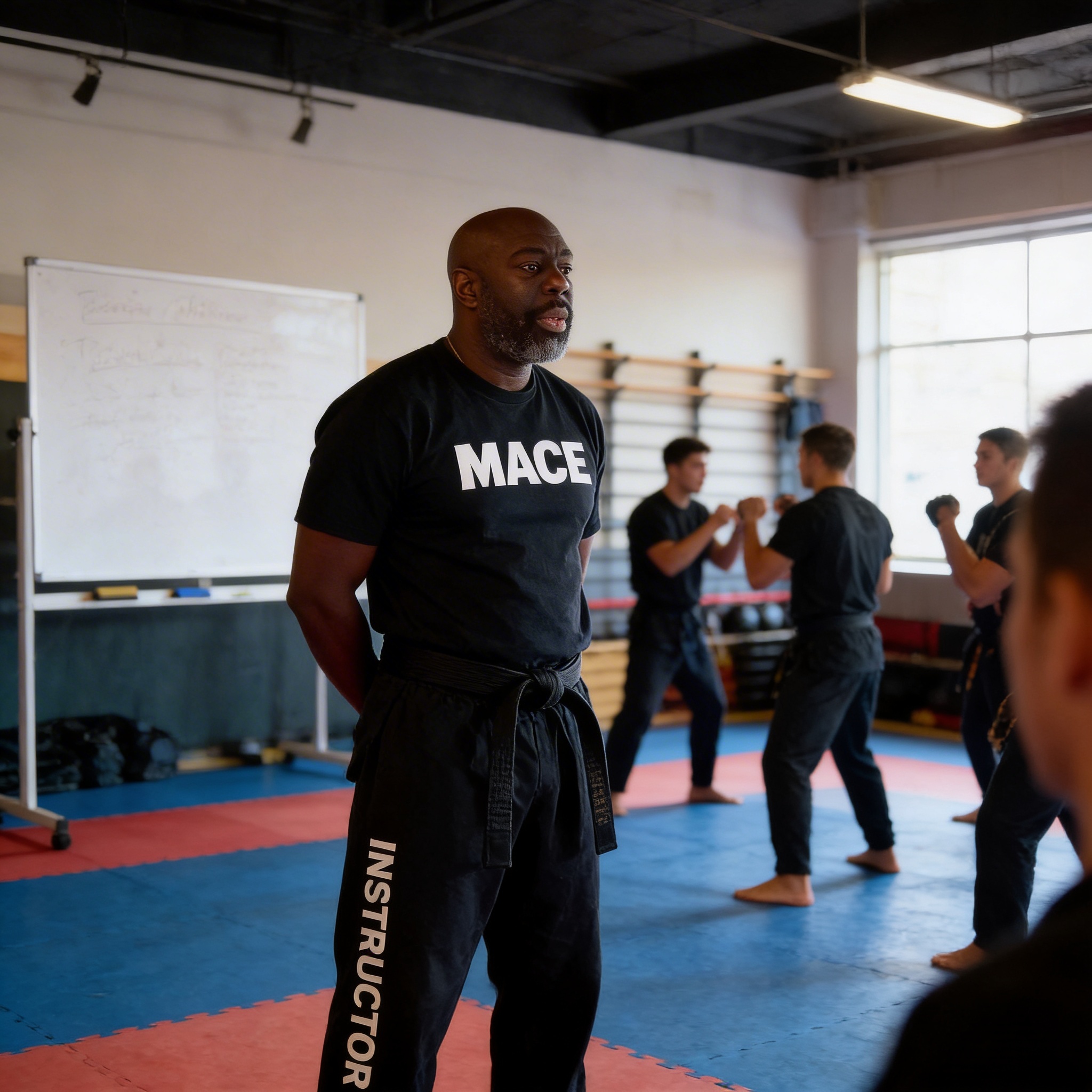 Rick Dubidat standing on the mats while adult students train behind him at Martial Arts Centres of Excellence in West Bromwich