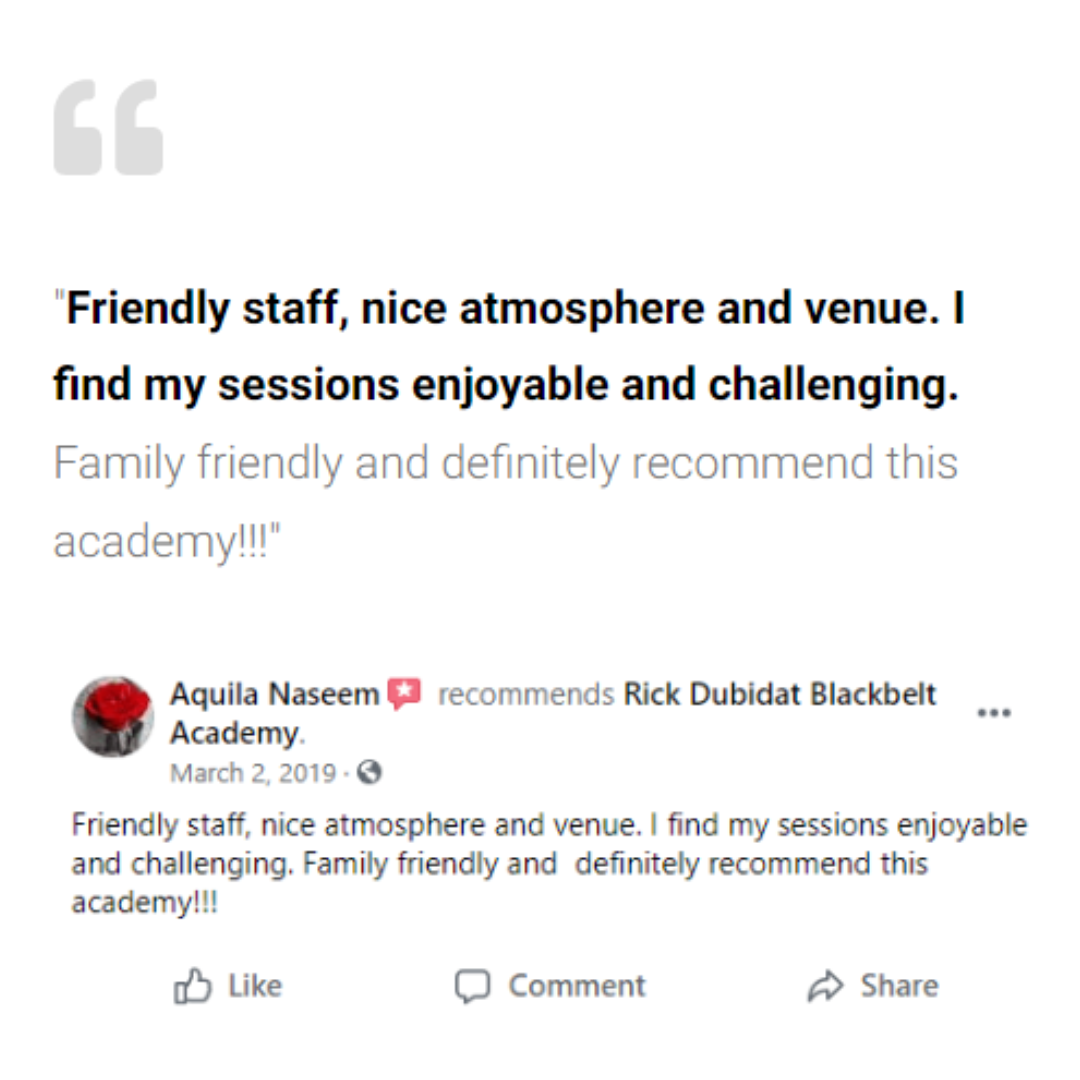 Screenshot of a parent testimonial about the friendly Martial Arts Centres of Excellence academy atmosphere