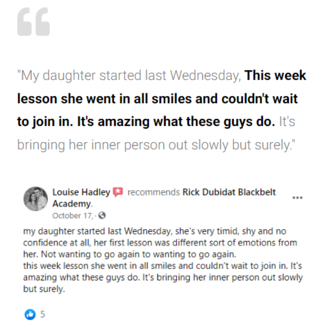 Screenshot of a parent testimonial about a child gaining confidence at the academy