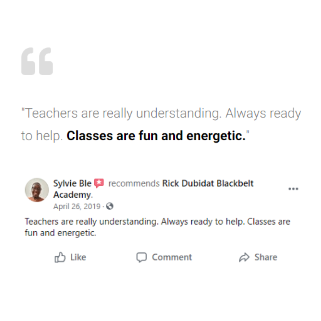 Screenshot of a parent testimonial about fun and energetic classes