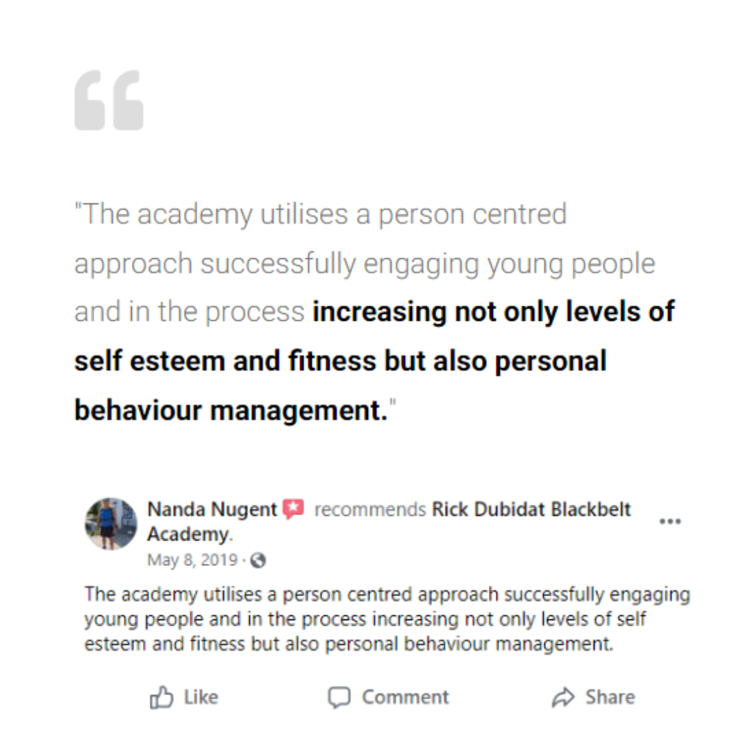 Screenshot of a parent testimonial about self esteem, fitness and behaviour management